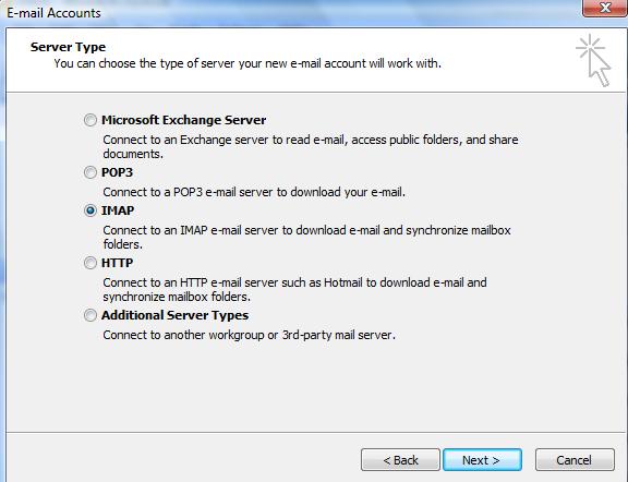 בחירת פרוטוקול IMAP